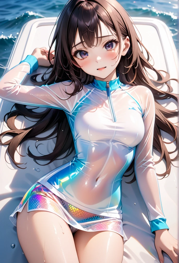 ((Lying on a rubber boat floating on the sea)), ((rash guard)), ((swimsuit sides see-through)), ((The swimsuit is a vivid color)), Mesh mini skirt, holographic fabric, skindentation, skinny, solo, 1 woman, Masterpiece, highest quality, highest quality, 16K, incredibly absurd, highly detailed, 2.5D, ai-generated, delicate and dynamic, very delicate facial expressions, delicate eye depiction, erotic, only sexy woman, ((A cute and kind face)), healthy figure, 25-year-old woman, bride, 160cm tall, medium firm swaying bust, (dark hair), black eye, blush, Sweat,Embarrassed,sexy, ((thin thighs)), (Erect nipples:0.7), (visible nipples:0.7), ((shiny and lustrous)), facing straight at viewer, ((brown black skin)), ((Oily_skin)), sweaty skin, wet skin, (suntan), dutch angle, ((sexy pose)), Dynamic poses, ((Summer Sea)), Strong sunlight, ((sexy pose)),, ((Lying)), ((On the open sea)), Knee Up,