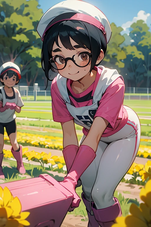 Two elementary school students with freckles and glasses, wearing short-sleeved gym clothes, tied up black hair, and narrow eyes, working in the fields with smiles on their faces, wearing oversized pink rubber gloves and white rubber boots. White gym cap