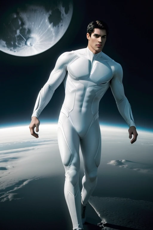 full body photorealistic An Alien handsome hunky masculine man from Krypton. Dark hair , Super Athletic body. translucent eyes and prominent cheekbones. Wearing a form-fitting white biomorphic bodysuit. With embossed crescent moon on the chest, Futuristic Kryptonian background. intricate details, beautifully shot, hyperrealistic, sharp focus, 64 megapixels, perfect composition, high contrast, cinematic, atmospheric