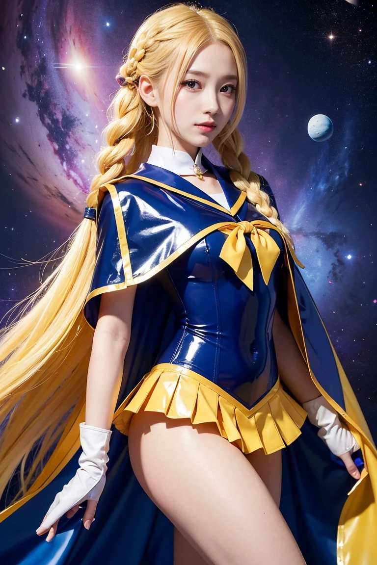 (((long braid yellow hair、A 14 year old Japanese girl wearing a shiny short sleeve blue sailor leotard and elbow gloves, with a cape over it,smile)))、(((Yellow latex sailor collar)))、(((Yellow latex pleated skirt)))、choker、イヤring、ribbon、ring、belly button、 (((Sailor Warrior Uniforms)))、Beautiful ornaments: 美しいPerfect Face, Soft Skin、Perfect Face, Intricate details, Splash screen, 8K resolution, masterpiece, Cute face、(((Space Background))、(Blue and purple light)、Queen of Queenasterpiece, Highest quality, Highest quality, Official Art, Beauty and aesthetics: 1.2), (One girl: 1.3)