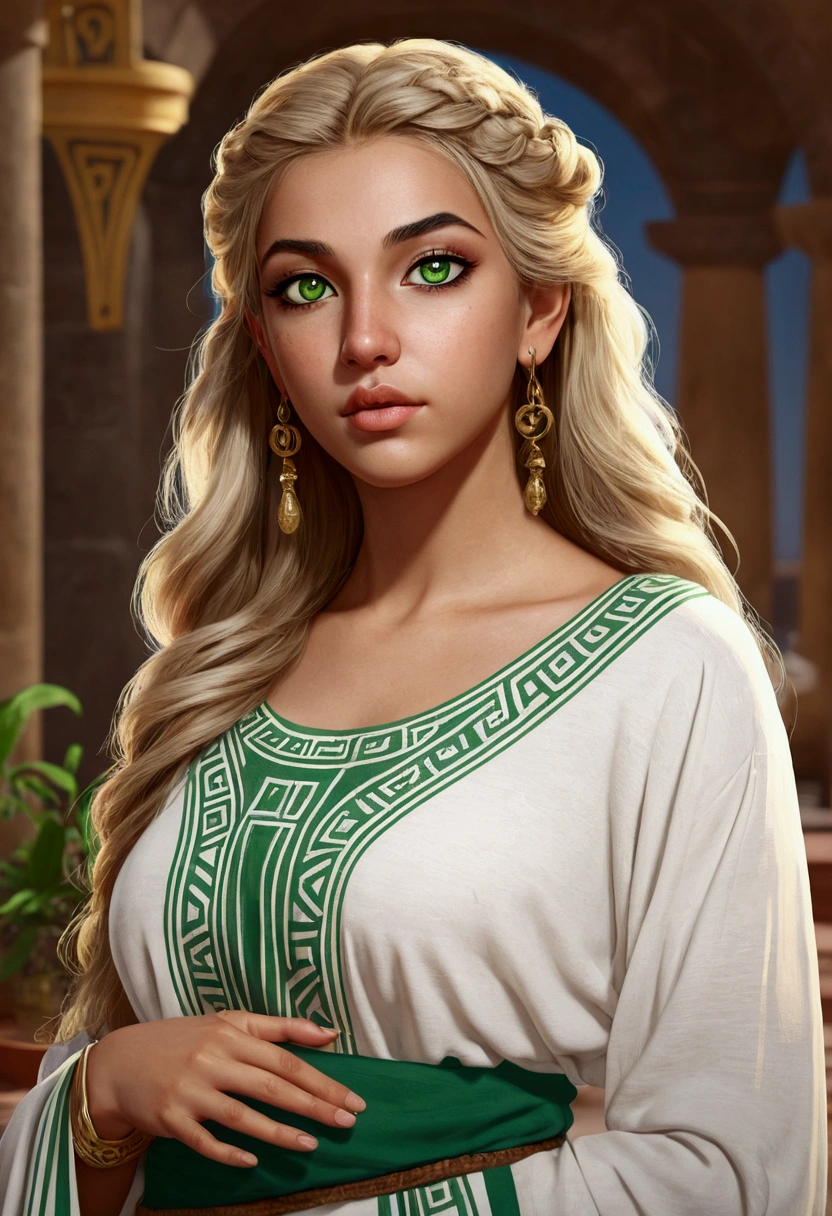 (((absurdities))), (((Best Quality))), portrait, digital art, (trend on Artstation), ((1 girl)), 1 woman of 23 years old, exotic Latin woman, a woman with a tattoo((bright green eyes)), beautiful, (beige blonde long hair), (((Greek clothing))):0.9.