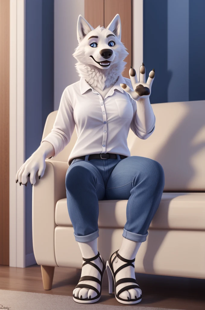 Barbara\(Moscow\), (white body:1.3), white fur, blue eyes, Moscow, dressed, denim shirt, jeans,
sandals heels dog, wolf, Detailed fur, Woman, breasts, anthro, paw pads , finger claws, treats guests, waving to the viewer, 5 fingers, paws, 4 toes,makeup,
BREAK from nextel, for dating, from xenoforge, (complex, high detail, film shooting, soft focus, RAW sitting at home,
Photorealism, realism, photorealism, digital style, Subsurface scattering,
masterpiece, Best quality, ultra realistic, 8k)