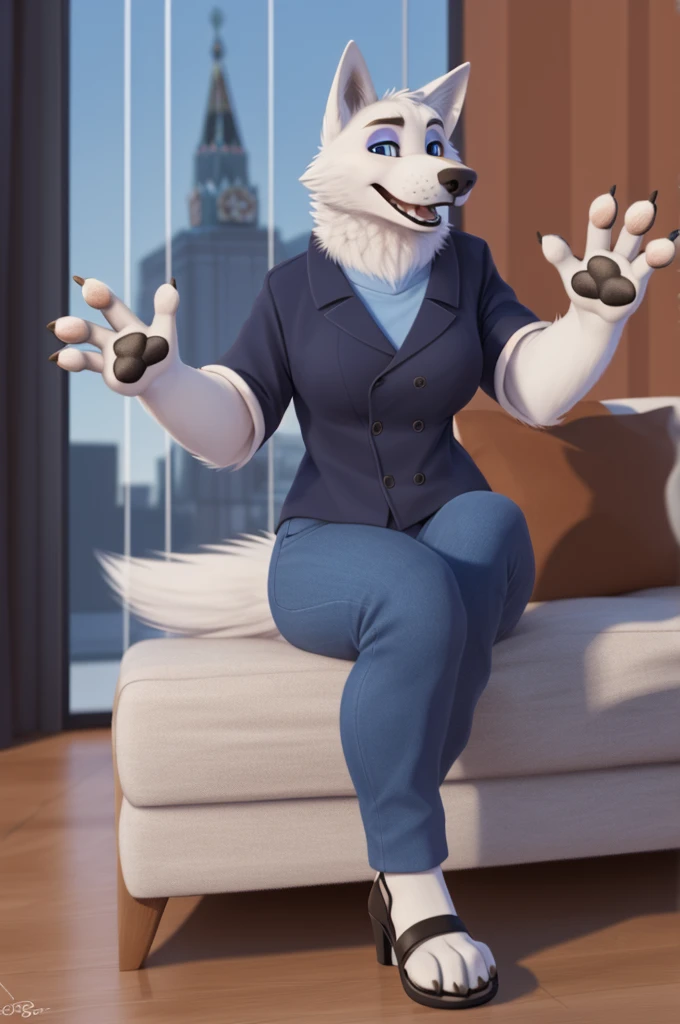 Barbara\(Moscow\), (white body:1.3), white fur, blue eyes, Moscow, dressed, denim shirt, jeans, 
sandals heels dog, wolf, Detailed fur, Woman, breasts, anthro, paw pads , finger claws, treats guests, waving to the viewer, 5 fingers, paws, 4 toes,makeup, 
BREAK from nextel, for dating, from xenoforge, (complex, high detail, film shooting, soft focus, RAW sitting at home, 
Photorealism, realism, photorealism, digital style, Subsurface scattering,
masterpiece, Best quality, ultra realistic, 8k)