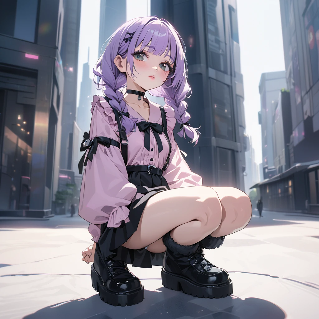 masterpiece, ultra detailed, 8K, solid blue Skyscrapers background, full body shot, Angle looking up from below.happy, a girl, kawaii, light atmosphere, mysterious atmosphere, (Cute a girl:1.5), (a girl with closs hair pin,pale purple hair,wavy two braids,bluntbangs hair,green and black eyes,
pink shirt,cosplay, jirai kei, bangs, black skirt, black bow, looking at viewer, bow, long sleeves, choker, ribbon,pink lips,Thick-soled boots,fullbody shot :1.4),
(masterpiece:1.3), anime visual, (Lovey-dovey:1.5), (tilt head:1.3), extremely delicate face, soft clean focus, realistic lighting and shading, (an extremely delicate and beautiful art:1.3), elegant, (muted colors:1.1), small breast,slim,Angle from the ground, a girl squatting,look at viewer,from front, focus white panty,Her butt is on the ground, her legs are slightly open, and her white panties with strawberry patterns can be seen.