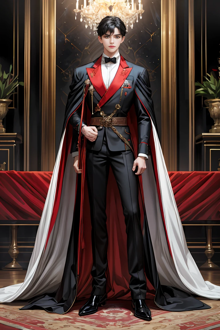 masterpiece, 最high quality, high quality, 1 boy, alone, Male focus, Watching the audience, Messy black hair, Adorable big blue eyes, White people, Noble, Noble,Sexy voluminous black and red cape、Tuxedo、A very voluminous, large, very large, very large, long, long red and black cape with a high stand-up collar, reaching down to the floor, made of a lot of fabric., 17 years old,Cute beautiful boys,Cute, cute, kind, handsome guy
