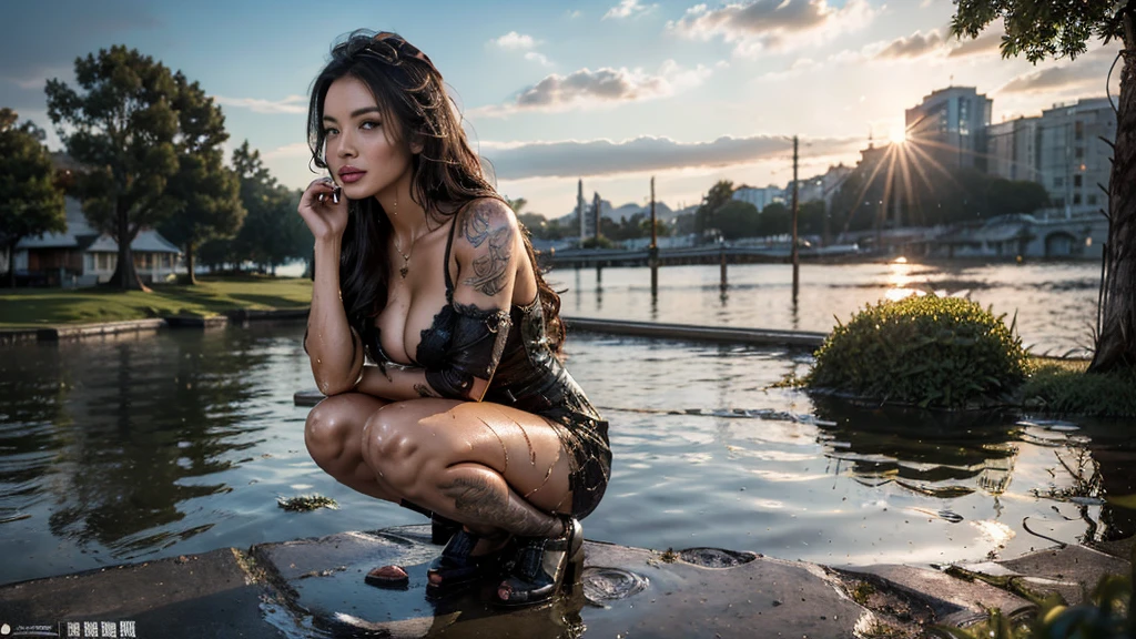 full body portraite of a beautiful woman, squatting with legs open, ((perfect female face)), (+long colorful wavy hair), (sheen freckles), sheen, wearing a dress, intricate, 8K, highy detailed, volumetric lighting, digitalpainting, concentrated, Spitz, focusing,character design concept art, (darkskin:1.3), evil, (regal), monarch,athletic body, ((tatuados)), (((breasts big))), (cleavage burst:1.3), (((big-ass))),strong legs, ((soggy)), Magnificent, chic, (dreds:0.9), high fantasy, portraite, perfect rendered face, perfect face details, grim, medium shot,lifelike face, photo realist, analog style, boyfriend, work of art, best qualityer, ((intricate detail)), high resolution, ((withdrew)), cinematic lighting, (((真实感))) by Richard Corben, por Miles Aldridge, por John Atkinson Grimshaw,  art by artgerm and rutkowski and alphonse mucha, CG Society