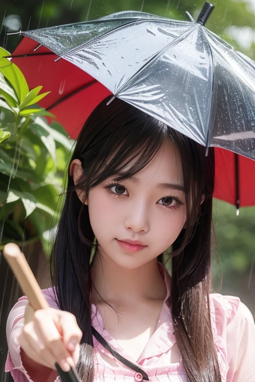 1girl, Rain, pointing to umbrellas, it's a bit hot