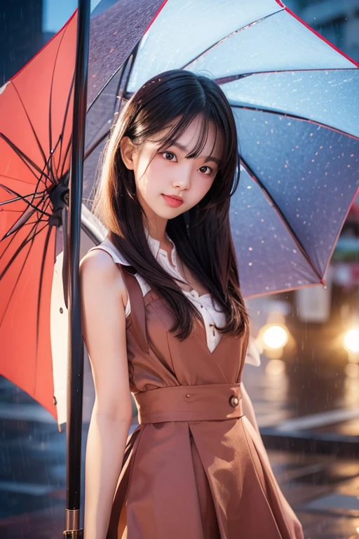 1girl, Rain, pointing to umbrellas, it's a bit hot