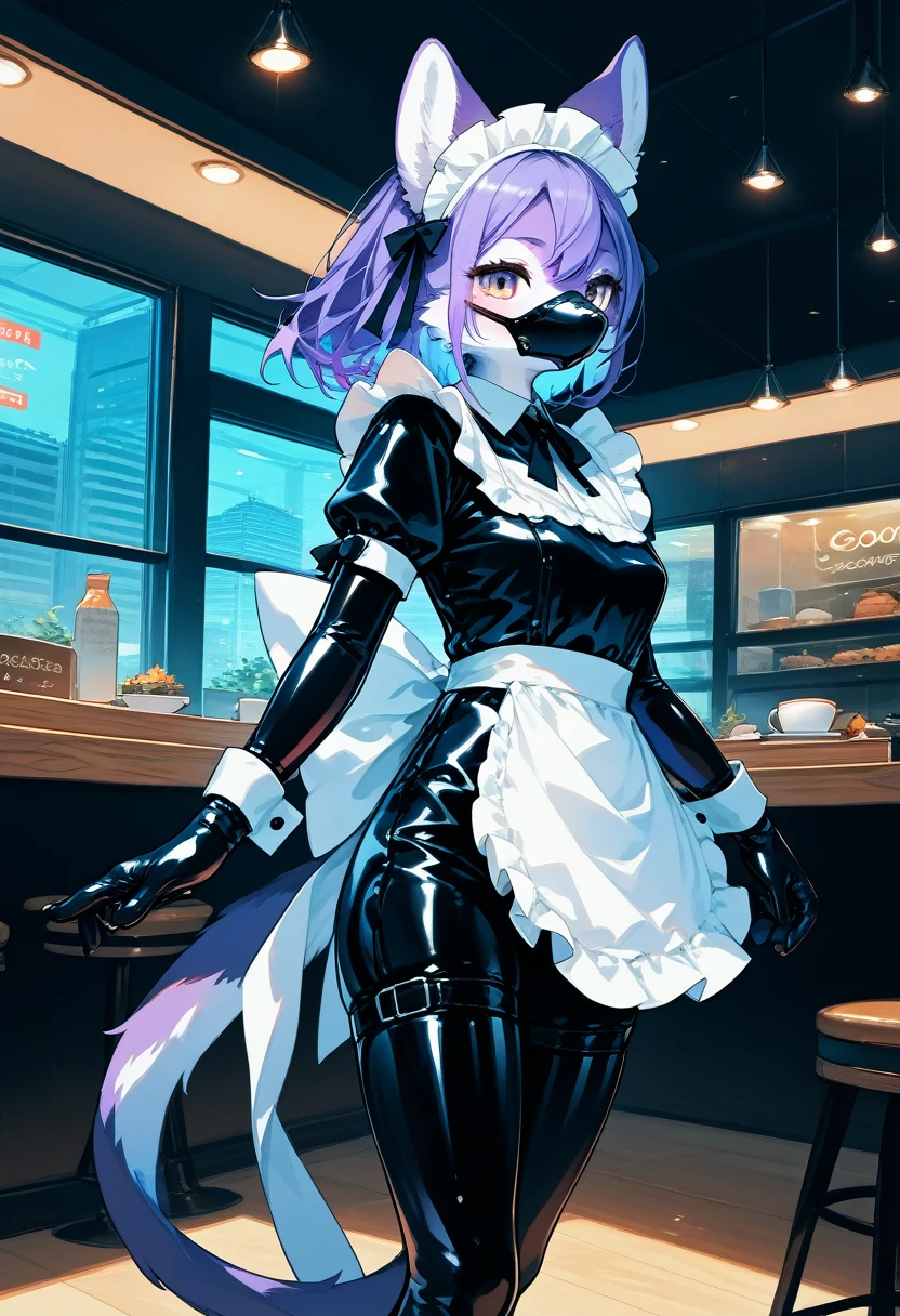 Highest quality, Highest quality, High quality illustrations, masterpiece, Ultra-high resolution, Detailed Background, Cafe, Absurd, Perfect Anatomy, performance, Good lighting, Shadows in the movies(kemono, Furry Personifi猫ion), Purple Skin, Rubber suit, Rubber suit, latex, neon, neonライト, neonカラー, Rubber maid outfit, ribbon, Rubber mask