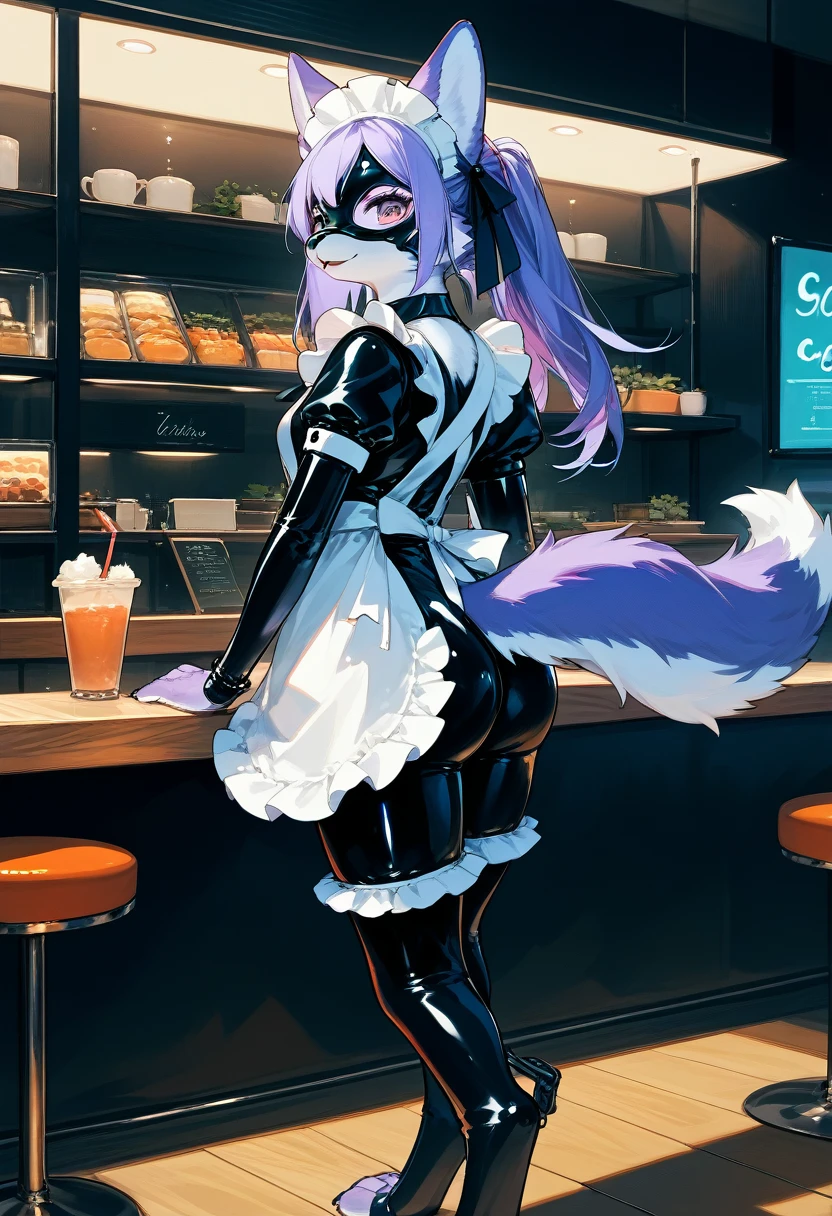 Highest quality, Highest quality, High quality illustrations, masterpiece, Ultra-high resolution, Detailed Background, Cafe, Absurd, Perfect Anatomy, performance, Good lighting, Shadows in the movies(kemono, Furry Personifi猫ion), Purple Skin, Rubber suit, Rubber suit, latex, neon, neonライト, neonカラー, Rubber maid outfit, ribbon, Rubber mask