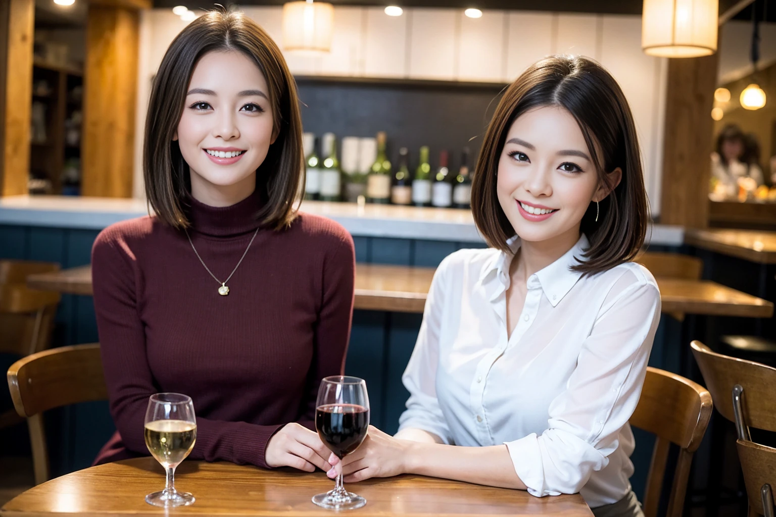 ((Highest quality、8K、masterpiece:1.3))、cute、slimカップル、modelカップル、actress男優、(Realistic, Intricate details:1.2), full-course dinner、Wine Party、Amazing view of the sunset sky and clouds、A bright smile、short hair,Bright Face、 (Age 37), age 34, red wine 、Appetizers、Italian food、Wine bottle、Champagne、sparkling wine、Two beauties、Brown Hair、Shortcuts、Long sleeve shirt、dress、Beautiful woman 1, (slimな顔), (The body is slim), (Brown Hair), (Shortcuts), cheeks turn a little red,Attractive beauty、restaurant, In a prominent place (From the waist up) Nova Frog Style, actress, model, Upper Body, White wine, slim, wine glass, 中央に置かれたwine glass, smile, (smile: 1.15), Beautiful fine grain, Depth f/2,saturation, High Contrast, Strong light and shadow,Moist Body:1.5、3D texture、Delicate eyes、Brown Hair、The hair is very shiny、