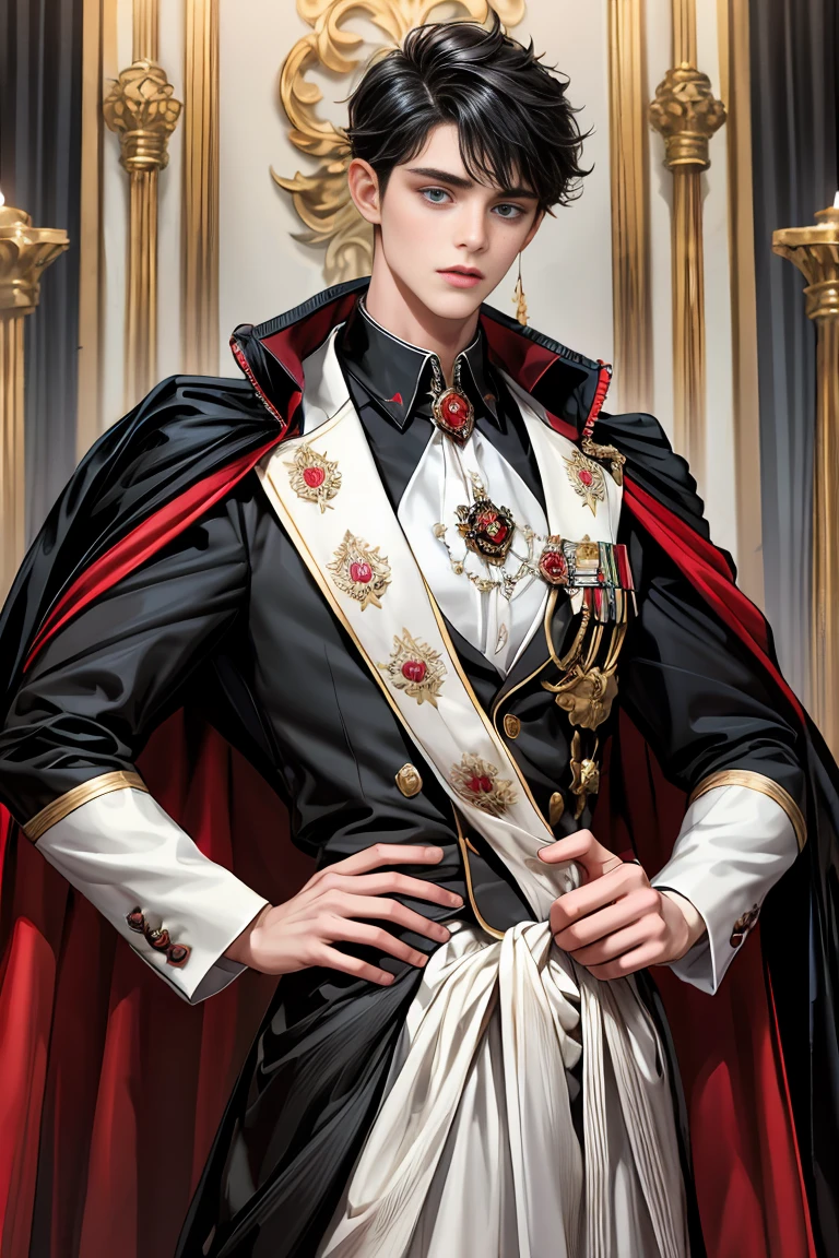 masterpiece, 最high quality, high quality, 1 boy, alone, Male focus, Watching the audience, Messy black hair, Adorable big blue eyes, White people, Noble, Noble,Sexy voluminous black and red cape、Tuxedo、A very voluminous, large, very large, very large, long, long red and black cape with a high stand-up collar, reaching down to the floor, made of a lot of fabric., 17 years old,Cute beautiful boys,Cute, cute, kind, handsome guy