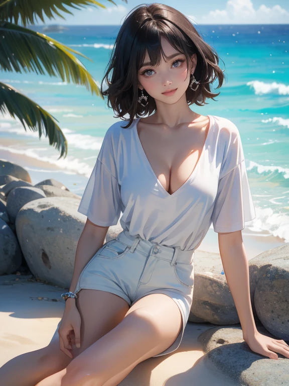 (Highest quality、masterpiece、High resolution、8K)、Vibrant colors、Young and beautiful woman 1、whole body、Brown and black short bob、barefoot、(Detailed face、Beautiful Eyes、Beautiful nose、Pretty lips)、Beautiful cleavage、A woman in a white T-shirt and shorts runs on the beach、Surprised Smile、Official Art、The background is the sea、blue sky、White waves and wide sandy beach、Wide forest、White Entrance Cloud、