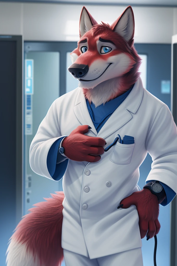 Ivan Fedorovich Wolfbach (Novosibirsk) ,tall handsome, wolf,young, 24 years, brown fur,Kind,(red body:1.3),beautiful blue eyes,Novosibirsk,dressed, white medina robe, stethoscope,Dr,shirt,black tie,trousers,canine, wolf, detailed fur, male, antro, paw pads, finger claws,at viewer, 5 fingers, paws, 5 fingers, smile, wrist watch, т nextel,by xenoforge, (difficult, high detail, digital photography, soft focus, RAW species палаты ,very close to the camera, species,Novosibirsk, smile, a good mood, positive, very close to the camera,intensive care unit, newborns, stethoscope, in the neck,
Photorealism, realistic, photorealistic, digital style, Subsurface scattering,Looking at the viewer,hugs the she-wolf,
masterpiece, Best quality, ultra realistic, 8 k)