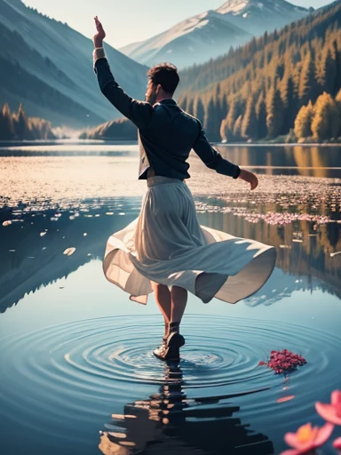 A man dancing with a flower on a lake.