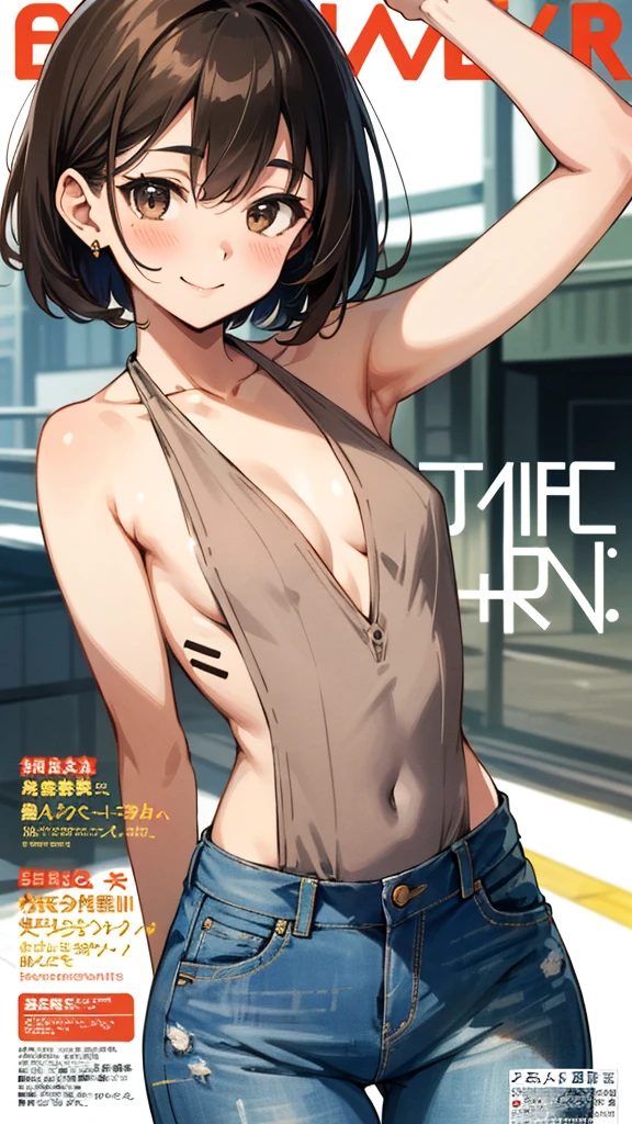 Highly detailed, vibrant color, detailed skin, detailed fabric, detailed eyes. Brown haired young woman, beautiful, bob hair, brown eyes, small to medium breasts, smiling, showing off armpit, gravure magazine cover, light brown backless halter neck, knitwear, high waisted denim pants, soft smile, blushing Tokyo.