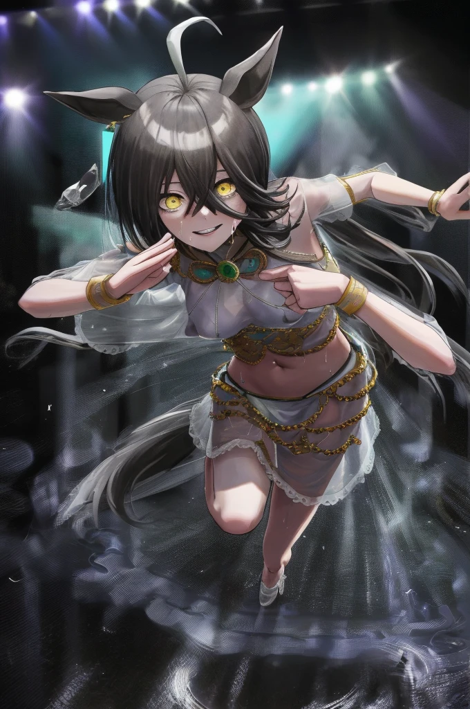 Sexy dance show,(running:1.5),One Girl,alone,Manhattan Cafe \(umamusume\),Excellent anatomy, masterpiece, Highest quality,Realistic, hyperRealistic, 16k hdr,smile,(Live Stage),(See-through costume:1.2),Stage Costumes,Horse tail,Sing a song,Ultra mini skirt,belly button,Micro Panties,(Small breasts,Transparent nipples,Clear Page,Erect nipples:1.2),Sweat,From below,Spread your legs