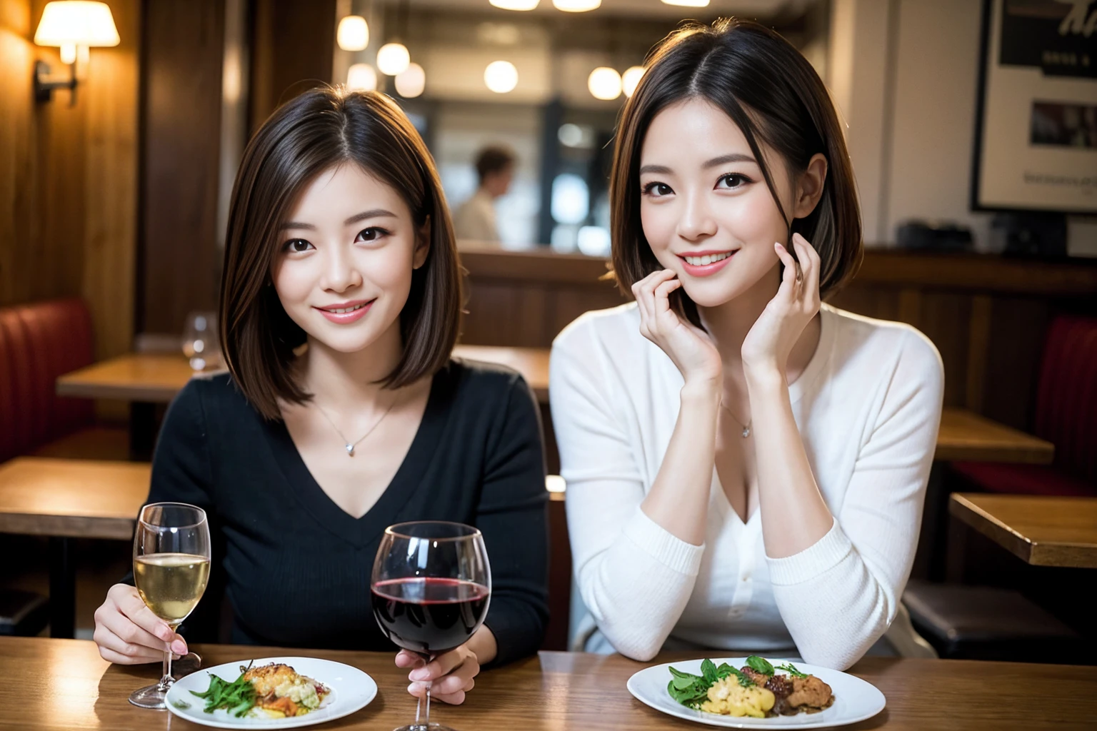 ((Highest quality、8K、masterpiece:1.3))、cute、slimカップル、modelカップル、actress男優、(Realistic, Intricate details:1.2), full-course dinner、Wine Party、Amazing view of the sunset sky and clouds、A bright smile、short hair,Bright Face、 (Age 37), Age 34, red wine 、Appetizers、Italian food、Wine bottle、Champagne、sparkling wine、Two beauties、Brown Hair、Shortcuts、Long sleeve shirt、dress、Beautiful woman 1, (slimな顔), (The body is slim), (Brown Hair), (Shortcuts), cheeks turn a little red,Attractive beauty、restaurant, In a prominent place (From the waist up) Nova Frog Style, actress, model, Upper Body, White wine, slim, wine glass, 中央に置かれたwine glass, smile, (smile: 1.15), Beautiful fine grain, Depth f/2,saturation, High Contrast, Strong light and shadow,Moist Body:1.5、3D texture、Delicate eyes、Brown Hair、The hair is very shiny、