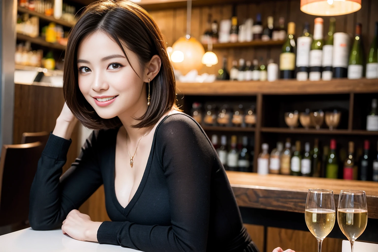 ((Highest quality、8K、masterpiece:1.3))、cute、slimカップル、modelカップル、actress男優、(Realistic, Intricate details:1.2), full-course dinner、Wine Party、Amazing view of the sunset sky and clouds、A bright smile、short hair,Bright Face、 (Age 37), Age 34, red wine 、Appetizers、Italian food、Wine bottle、Champagne、sparkling wine、Two beauties、Brown Hair、Shortcuts、Long sleeve shirt、dress、Beautiful woman 1, (slimな顔), (The body is slim), (Brown Hair), (Shortcuts), cheeks turn a little red,Attractive beauty、restaurant, In a prominent place (From the waist up) Nova Frog Style, actress, model, Upper Body, White wine, slim, wine glass, 中央に置かれたwine glass, smile, (smile: 1.15), Beautiful fine grain, Depth f/2,saturation, High Contrast, Strong light and shadow,Moist Body:1.5、3D texture、Delicate eyes、Brown Hair、The hair is very shiny、