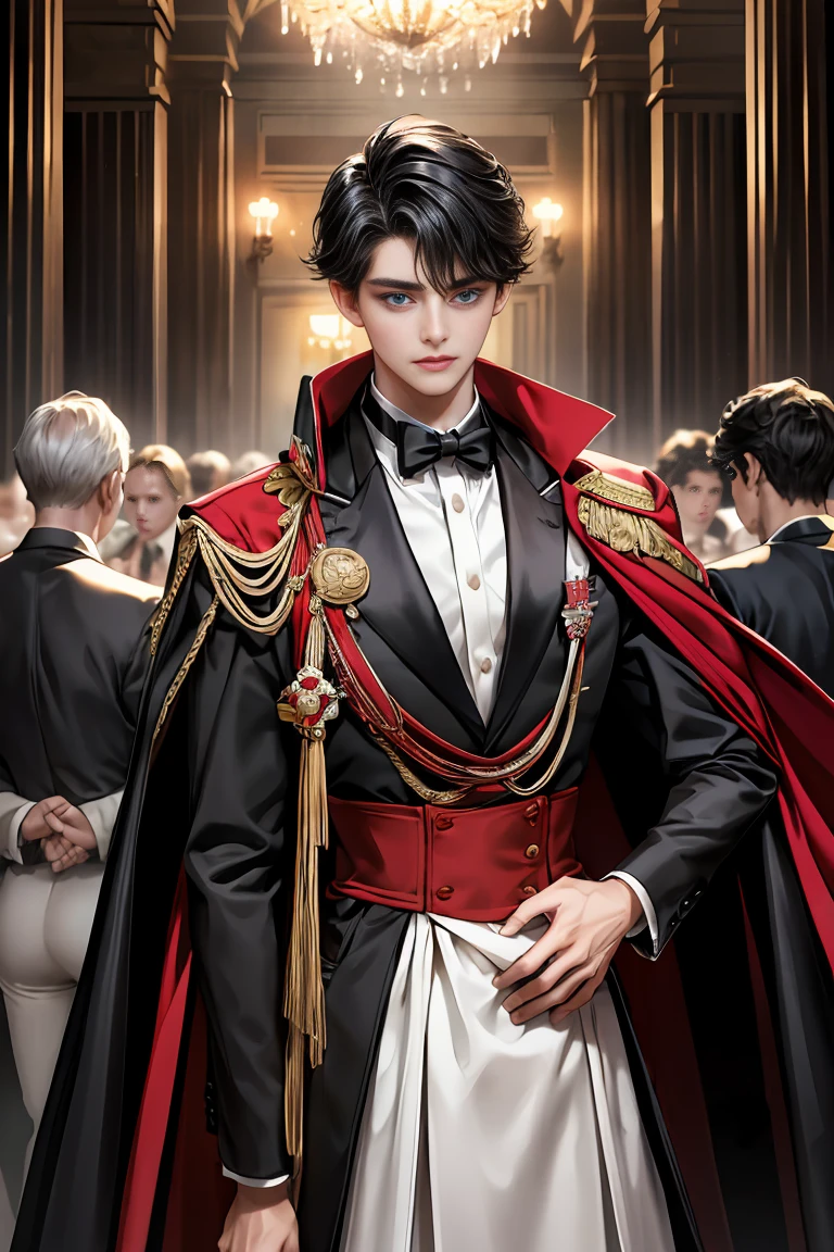 masterpiece, 最high quality, high quality, 1 boy, alone, Male focus, Watching the audience, Messy black hair, Adorable big blue eyes, White people, Noble, Noble,Sexy voluminous black and red cape、Tuxedo、A very voluminous, large, very large, very large, long, long red and black cape with a high stand-up collar, reaching down to the floor, made of a lot of fabric., ,Cute beautiful boys,Cute, cute, kind, handsome guy