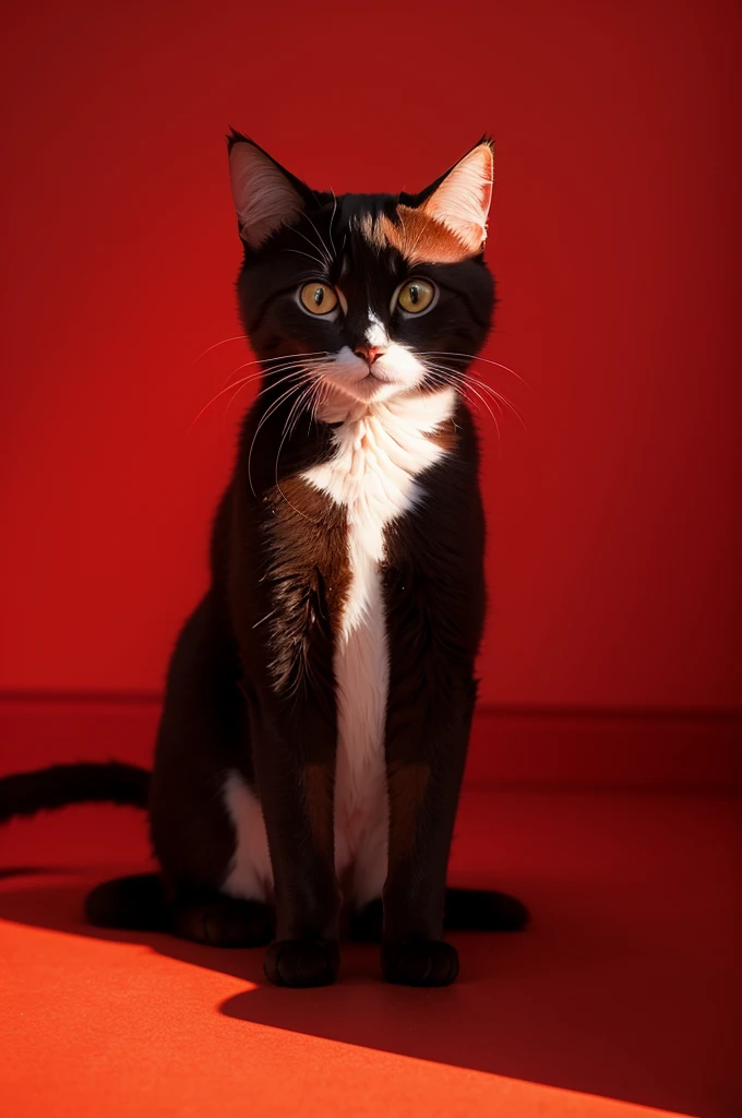 On a red background , put the shadow of a female cat
