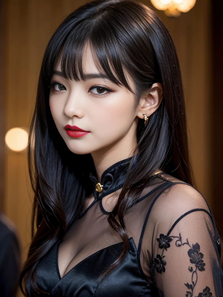 tra-detailed、Japanese、attractive beauty、seductive adult woman、pretty woman、piercing eyes、cool girl、wavy hair、swept bangs、Long Black and Gold Cheongsam、wide sleeves、Evil cadres、evil depravity、brainwash、mind control、lipstick、lip gloss、dark makeup、smirk、whisper in your ear、Evil expression、evil、hollow eyes,half-closed eyes、empty eyes、evil、church at night、vampire、succubus、vampire、Swear allegiance、stand