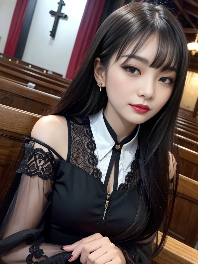 tra-detailed、Japanese、attractive beauty、seductive adult woman、pretty woman、piercing eyes、cool girl、wavy hair、swept bangs、Long Black and Gold Cheongsam、wide sleeves、Evil cadres、evil depravity、brainwash、mind control、lipstick、lip gloss、dark makeup、smirk、whisper in your ear、Evil expression、evil、hollow eyes,half-closed eyes、empty eyes、evil、church at night、vampire、succubus、vampire、Swear allegiance、stand