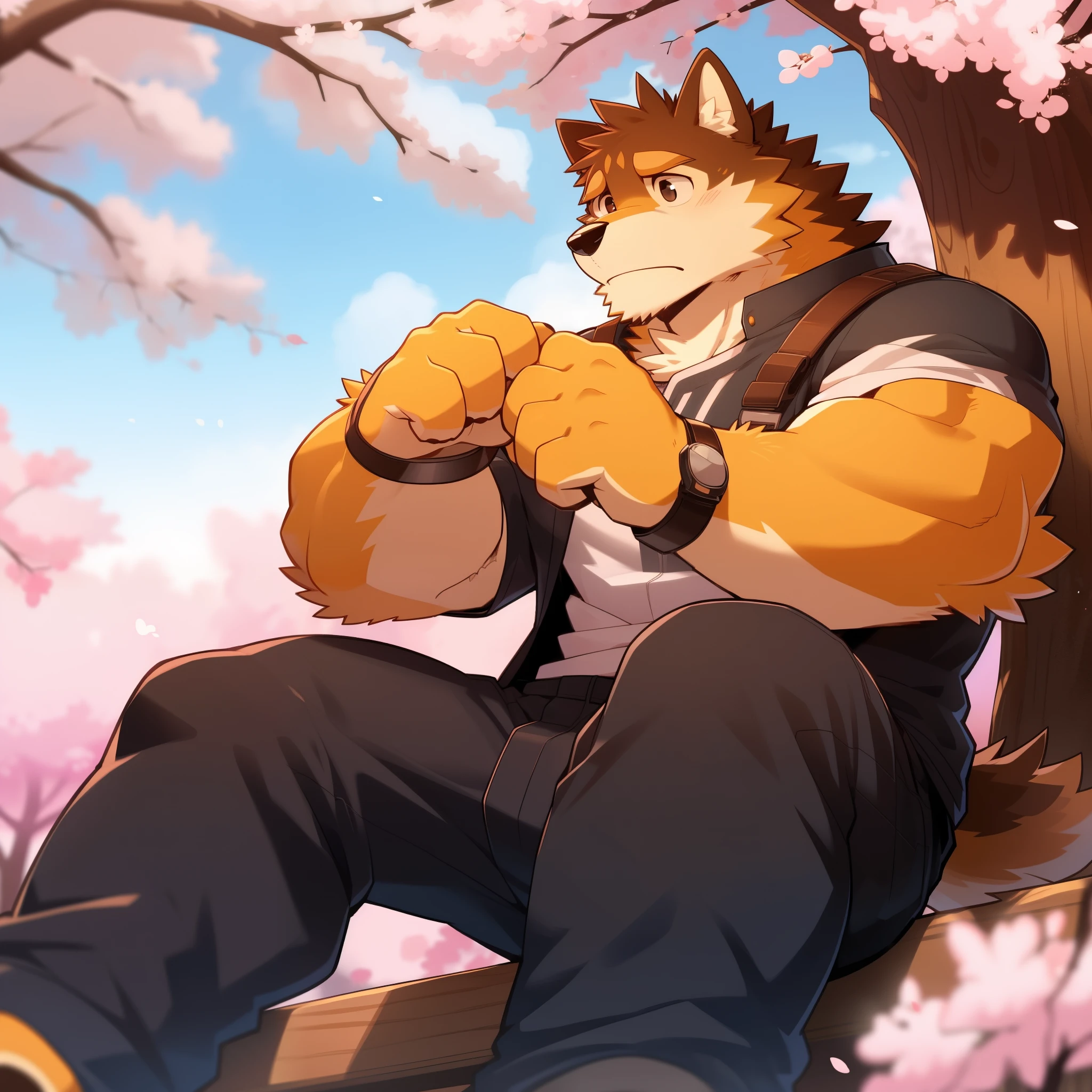 Scribble 柴dog face,Cute face,Humanity(dog),(Casual Wear:1.3),Muscular,(Brown eyebrows:1.1),(Perfect black eyes),(artist:Takemoto Arashi),(Bulging buttocks),(Foam),Cherry blossoms,Sitting,Sad expression,Wolf Tail。