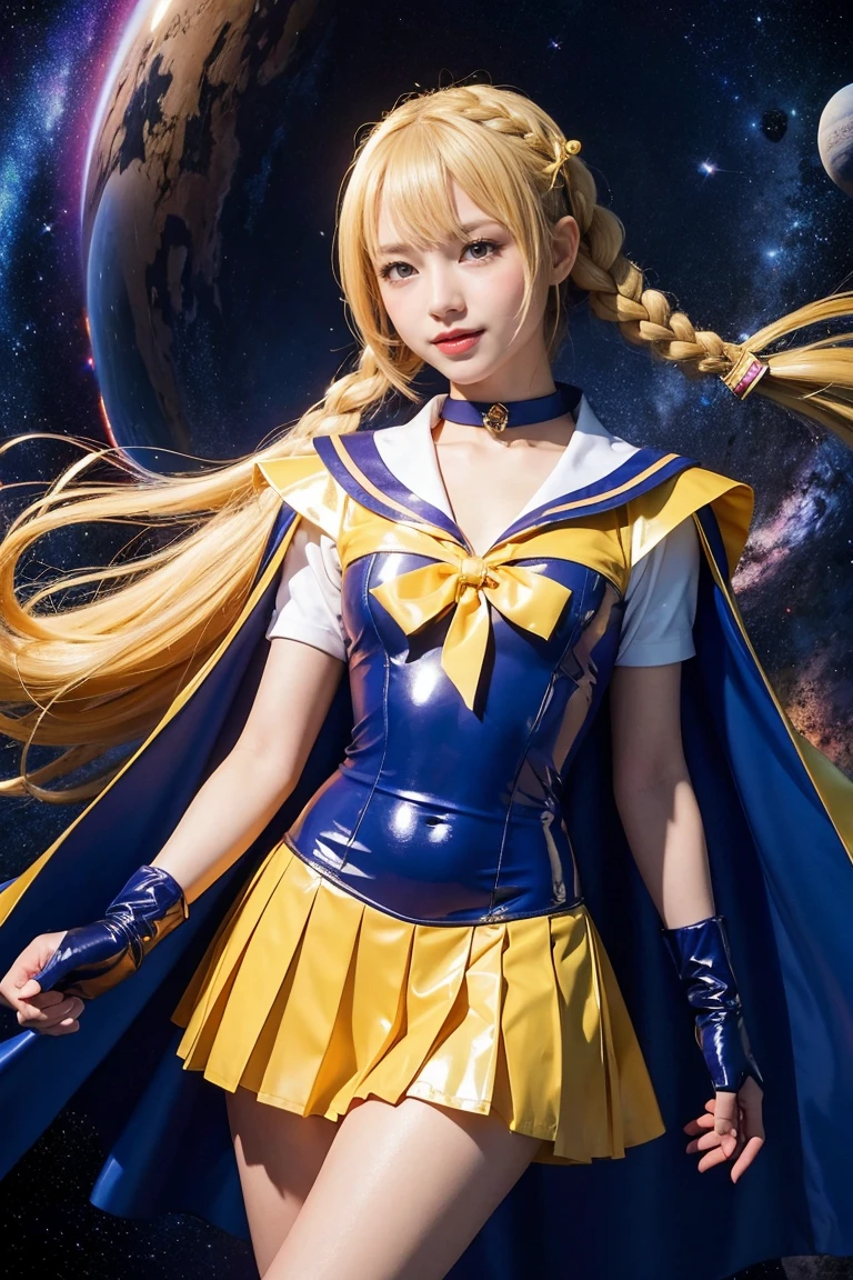 (((long braid yellow hair、A 14 year old Japanese girl wearing a shiny short sleeve blue sailor leotard and elbow gloves, with a cape over it,smile)))、(((Yellow latex sailor collar)))、(((Yellow latex pleated skirt)))、choker、イヤring、ribbon、ring、belly button、 (((Sailor Warrior Uniforms)))、Beautiful ornaments: 美しいPerfect Face, Soft Skin、Perfect Face, Intricate details, Splash screen, 8K resolution, masterpiece, Cute face、(((Space Background))、(Blue and purple light)、Queen of Queenasterpiece, Highest quality, Highest quality, Official Art, Beauty and aesthetics: 1.2), (One girl: 1.3)