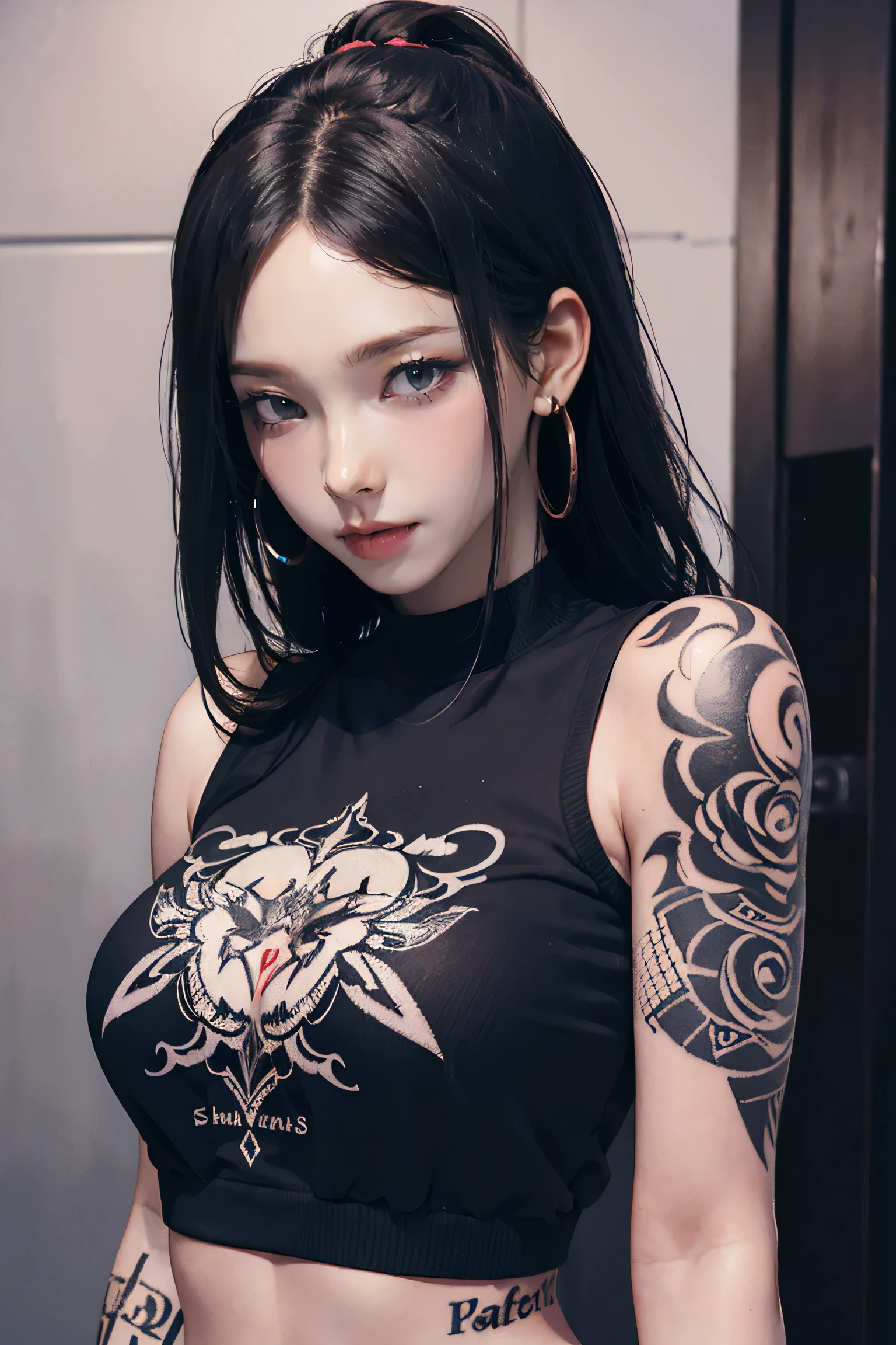 Perfect Style, Beautiful Face, Highly detailed face and skin texture, (Maximum resolution: 1.2), 1 female, alone, Hip Up, jewelry, (((She has many tattoos all over her body)), Streetwear, I'Exercising at the gym, Pink Hair, Shorts, Sports boots, (((Tight waist))), ((Big Breasts))