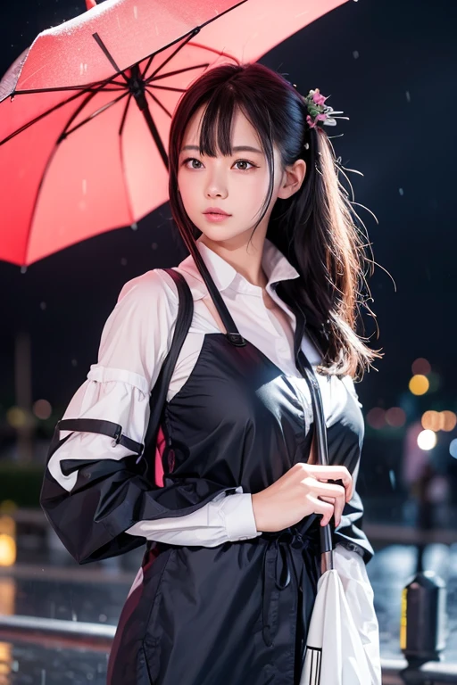 1girl, Rain, pointing to umbrellas, it's a bit hot