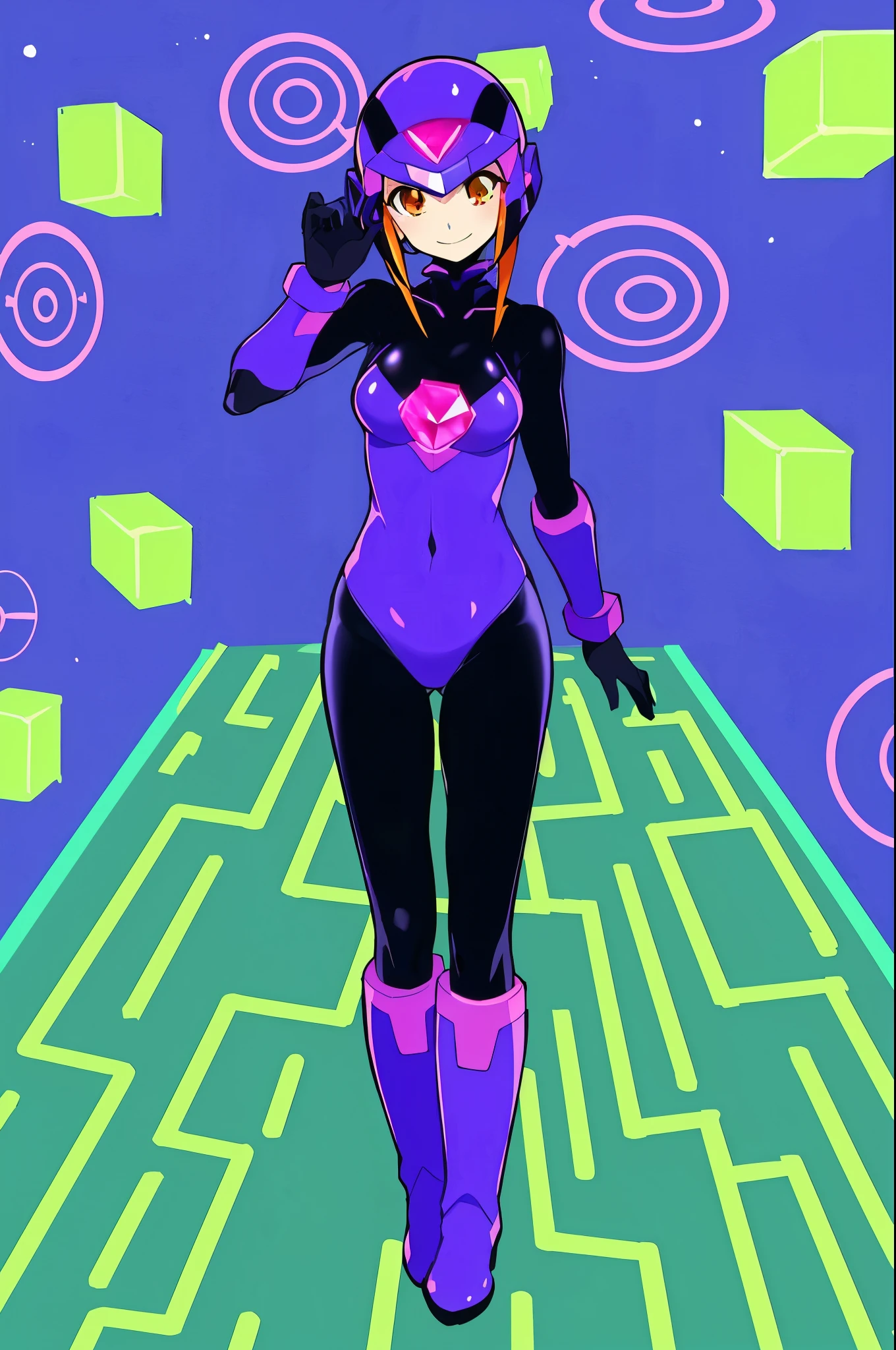 (Complete body, best quality, good anatomy) NetNavi, 1 girl, anime orange eyes, orange hair, smile, circular purple helmet with a pink diamond, black and purple bodysuit, purple gloves, purple boots, cyber space, digital cubes and circles, circuit floor, colorful