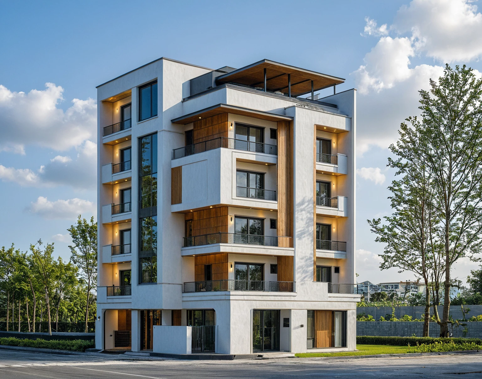 Masterpiece, high quality, best quality, authentic, super detail, outdoors, onestoreyvillaXL, aiaigroup, house style modern on the street ,stairs, white wall ,road,pavement, grass, trees, sky, cloud, (daylight:1.1)