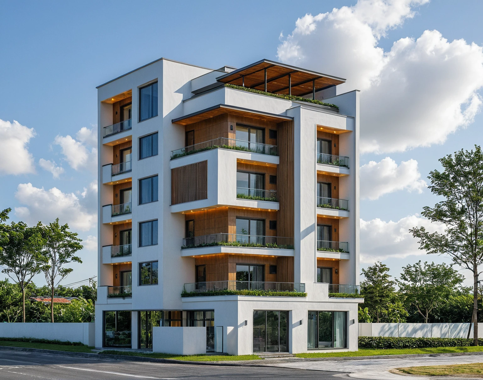 Masterpiece, high quality, best quality, authentic, super detail, outdoors, onestoreyvillaXL, aiaigroup, house style modern on the street ,stairs, white wall ,road,pavement, grass, trees, sky, cloud, (daylight:1.1)
