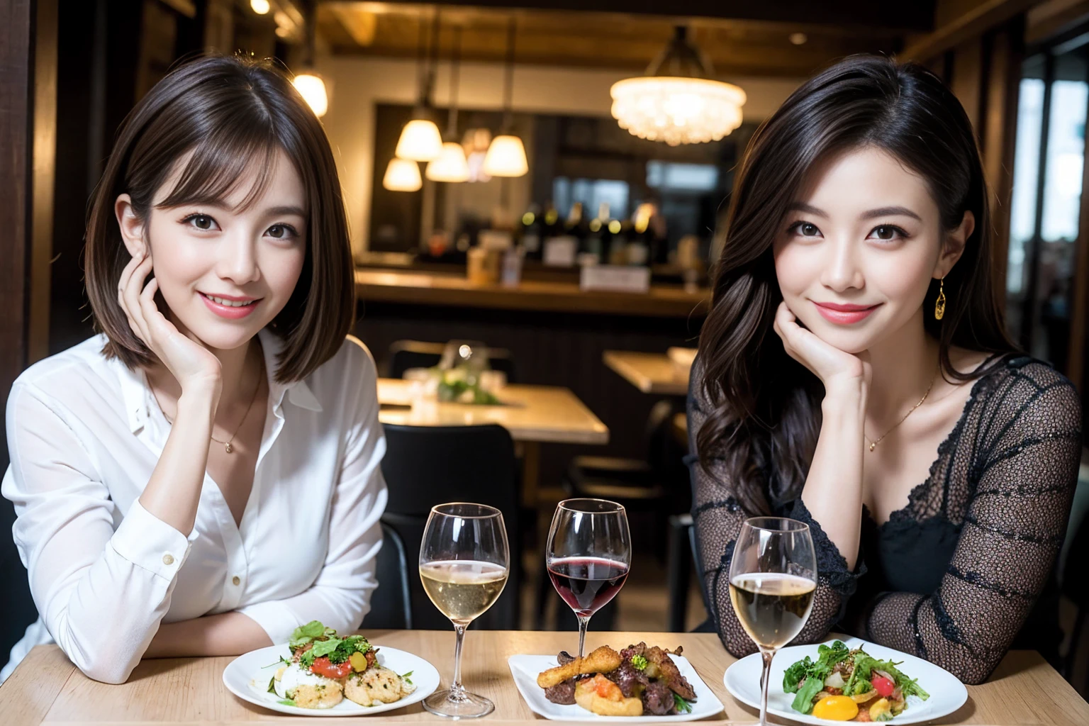 ((Highest quality、8K、masterpiece:1.3))、cute、slimカップル、modelカップル、actress男優、(Realistic, Intricate details:1.2), full-course dinner、Wine Party、Amazing view of the sunset sky and clouds、A bright smile、short hair,Bright Face、 (Age 37), Age 42, red wine 、Appetizers、Italian food、Wine bottle、Champagne、sparkling wine、Two beauties、Brown Hair、Shortcuts、Long sleeve shirt、dress、Beautiful woman 1, (slimな顔), (The body is slim), (Brown Hair), (Shortcuts), cheeks turn a little red,Attractive beauty、restaurant, In a prominent place (From the waist up) Nova Frog Style, actress, model, Upper Body, White wine, slim, wine glass, 中央に置かれたwine glass, smile, (smile: 1.15), Beautiful fine grain, Depth f/2,saturation, High Contrast, Strong light and shadow,Moist Body:1.5、3D texture、Delicate eyes、Brown Hair、The hair is very shiny、