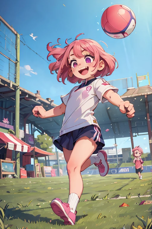 One girl. Perfect face. Perfect hands. A pink haired girl with violet eyes wearing a navy uniform is kicking a ball around with a big smile in a field