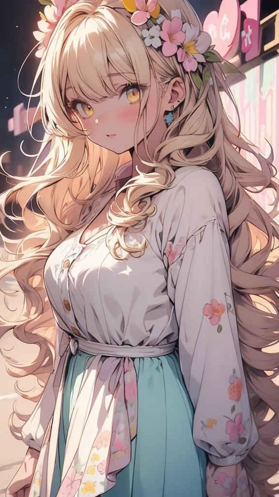 One girl:1.3, (Pastel colored line drawings:1.3), cute girl, cute girl, cute, cute, Charisma:1.3, Long Hair, Curly Hair, Hair loss, Big Hair, Thick Hair, Blonde, Yellow Eyes, (Flowers, petal), Retro Art Pose, Pop Art Pose, Absurd, High resolution, Super detailed