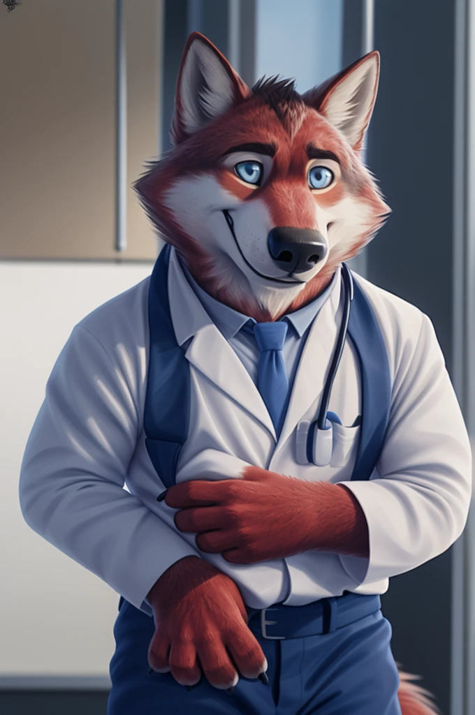 Ivan Fedorovich Wolfbach (Novosibirsk) ,tall handsome, wolf,young, 24 years, brown fur,Kind,(red body:1.3),beautiful blue eyes,Novosibirsk,dressed, white medina shirt bow tie, robe, stethoscope,Dr,shirt,black tie,trousers,canine, wolf, detailed fur, male, antro, paw pads, finger claws,at viewer, 5 fingers, paws, 5 fingers, smile, wrist watch, т nextel,by xenoforge, (difficult, high detail, digital photography, soft focus, RAW species палаты ,very close to the camera, species,Novosibirsk, smile, a good mood, positive, very close to the camera,intensive care unit, newborns, stethoscope, in the neck, 
Photorealism, realistic, photorealistic, digital style, Subsurface scattering,Looking at the viewer,hugs the she-wolf, 
masterpiece, Best quality, ultra realistic, 8 k)