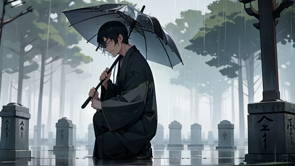 A man is crying in front of his grandfather's grave. It is raining and the man is not holding an umbrella. The grave is a Japanese stone. There is a sense of sadness in the air. His whole body is in the picture.