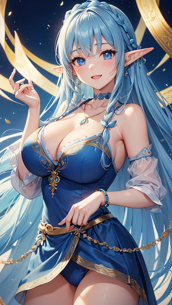 Highest quality、Highest quality、masterpiece、(8K resolution),beauty(Age 25)、(Mature Appearance)、Light blue long hair(Braiding of sides)、blue eyes、(Blue underwear with detailed embroidery)、(Elf)、Big cleavage、((Very large breasts))、smile、blue necklace、Blue Earrings、background(ice)、Please open your mouth wide、bracelet、Dynamic pose、Blue choker、