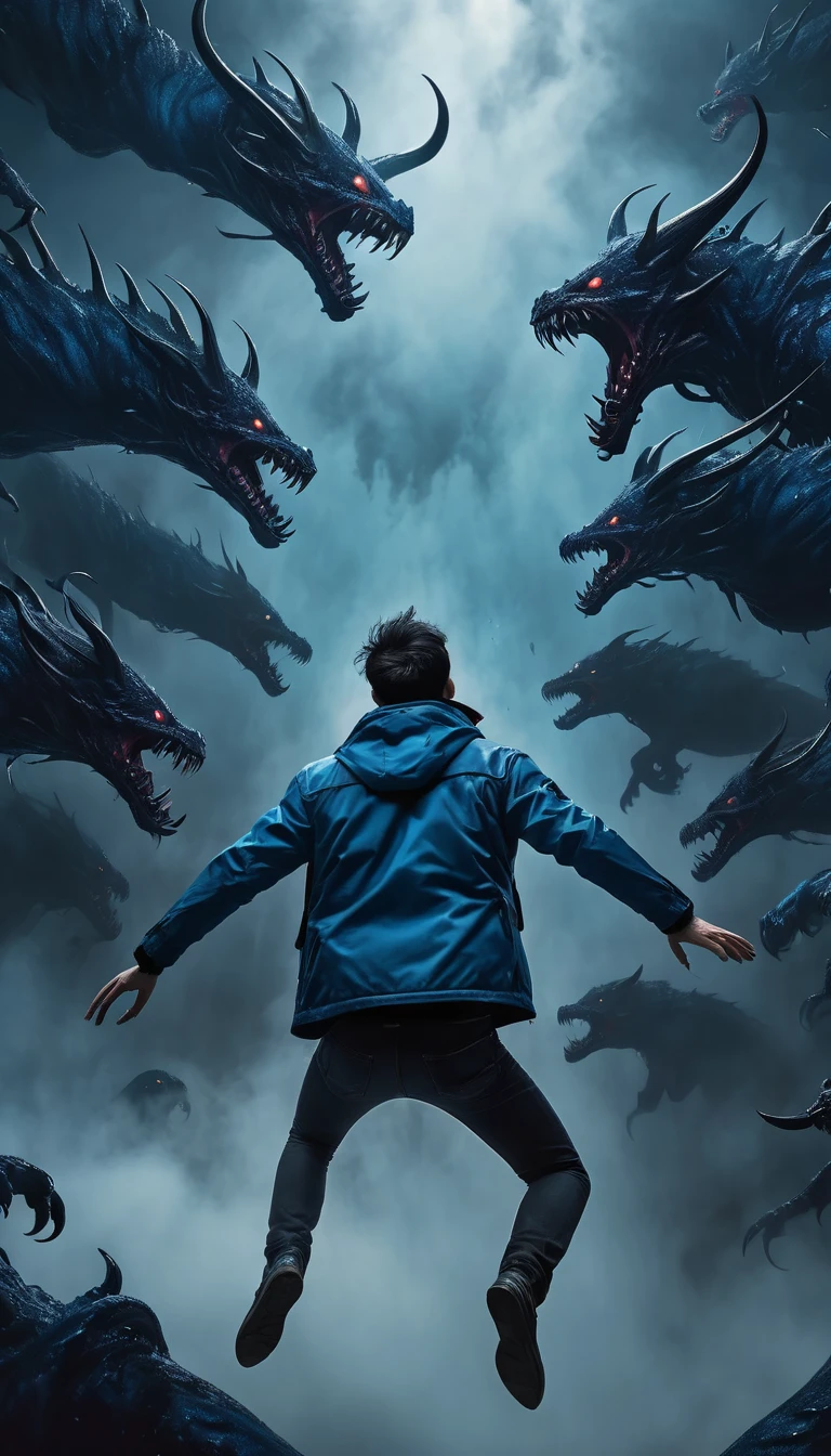 side view, a man floating in mid-air falling down the void, centered, wearing a blue jacket, lateral view. the wide infinite walls are filled entirely with demonic monsters with black melting skin, overlapping and interwhinted monsters, hundreds of monsters strech their claws trying to reach the man body, horror art, dim light, digital illustration, long shot, dramatic light, long aerial shot, fog and mist atmosphere, hundreds of claws, inmense void, speed sensation, gloom and eerie, monsters hundred arms, obscure, despair, gray blue and carmin color palette, handraw