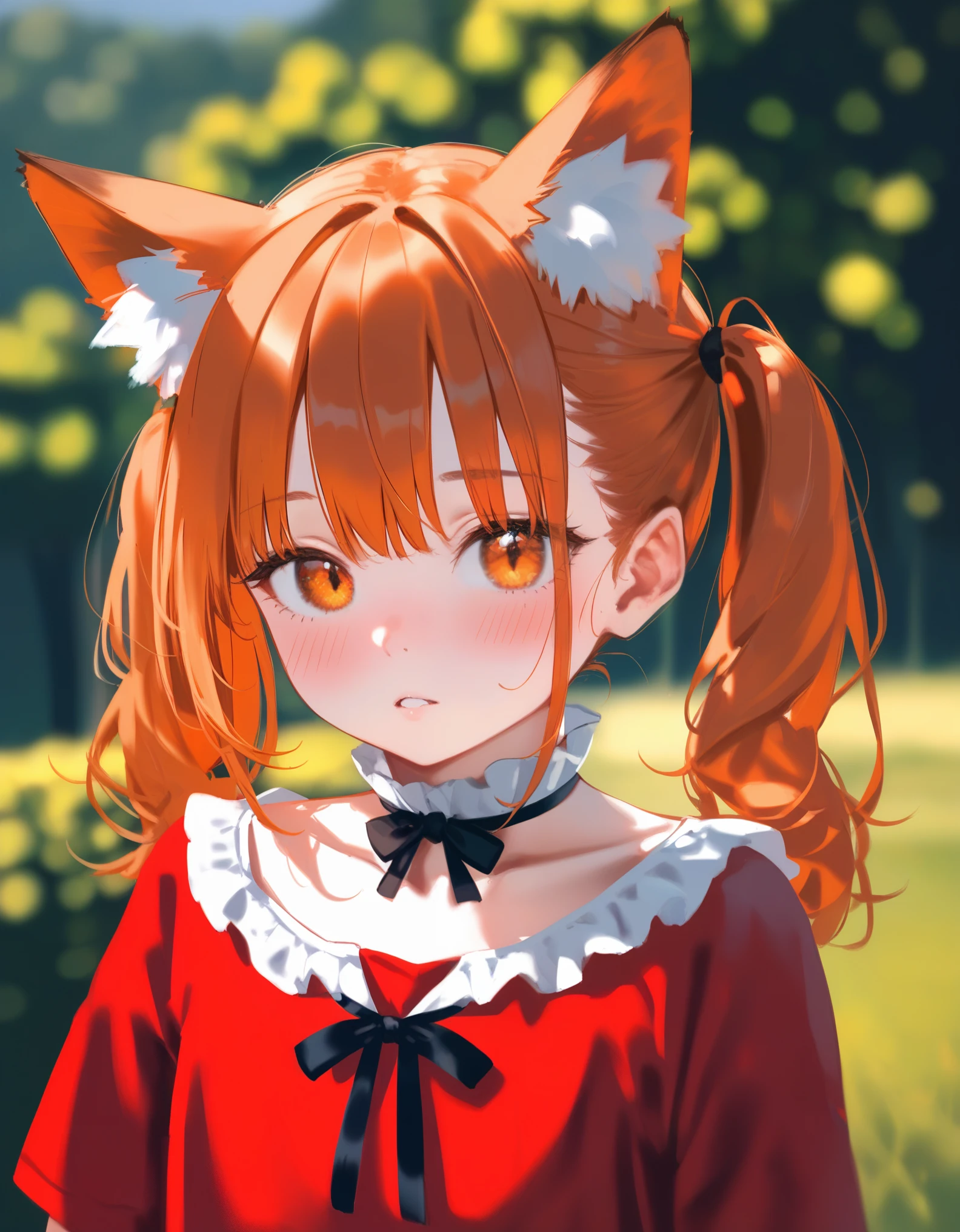 score_9, score_8_up, 1girl, animal ears, solo, twintails, animal ear fluff, looking at viewer, outdoors, upper body, fox ears, orange hair, blurry background, blurry, parted lips, blush, orange eyes, ribbon, shirt, neck ribbon, depth of field, fox girl, collarbone, day, red shirt, frills