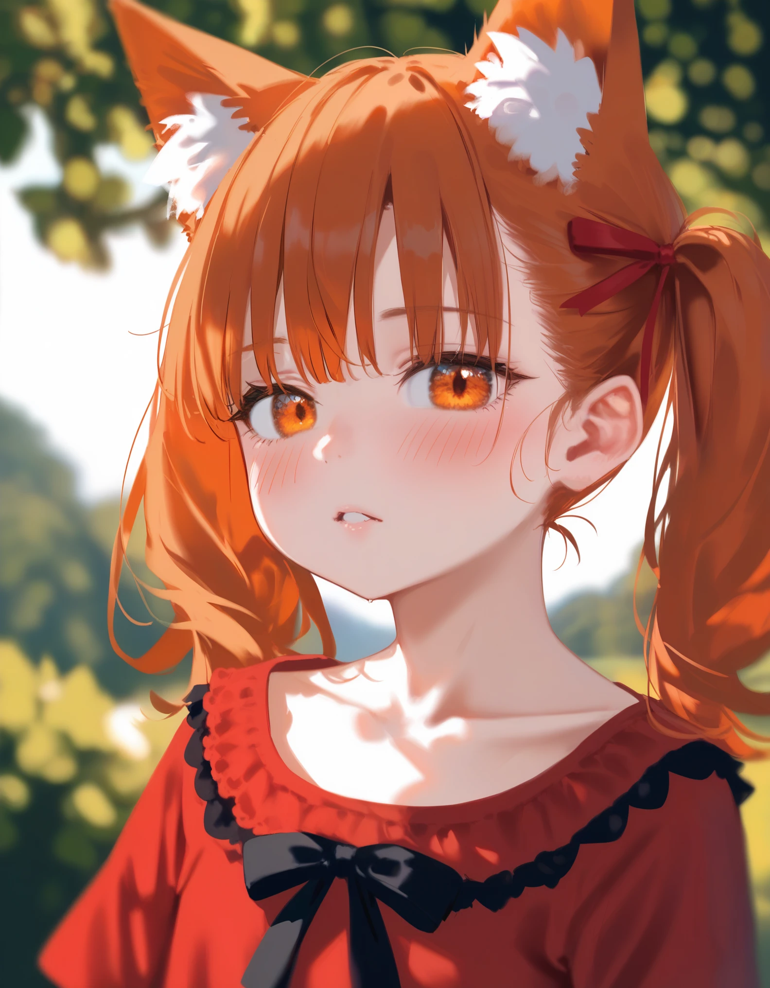 score_9, score_8_up, 1girl, animal ears, solo, twintails, animal ear fluff, looking at viewer, outdoors, upper body, fox ears, orange hair, blurry background, blurry, parted lips, blush, orange eyes, ribbon, shirt, neck ribbon, depth of field, fox girl, collarbone, day, red shirt, frills