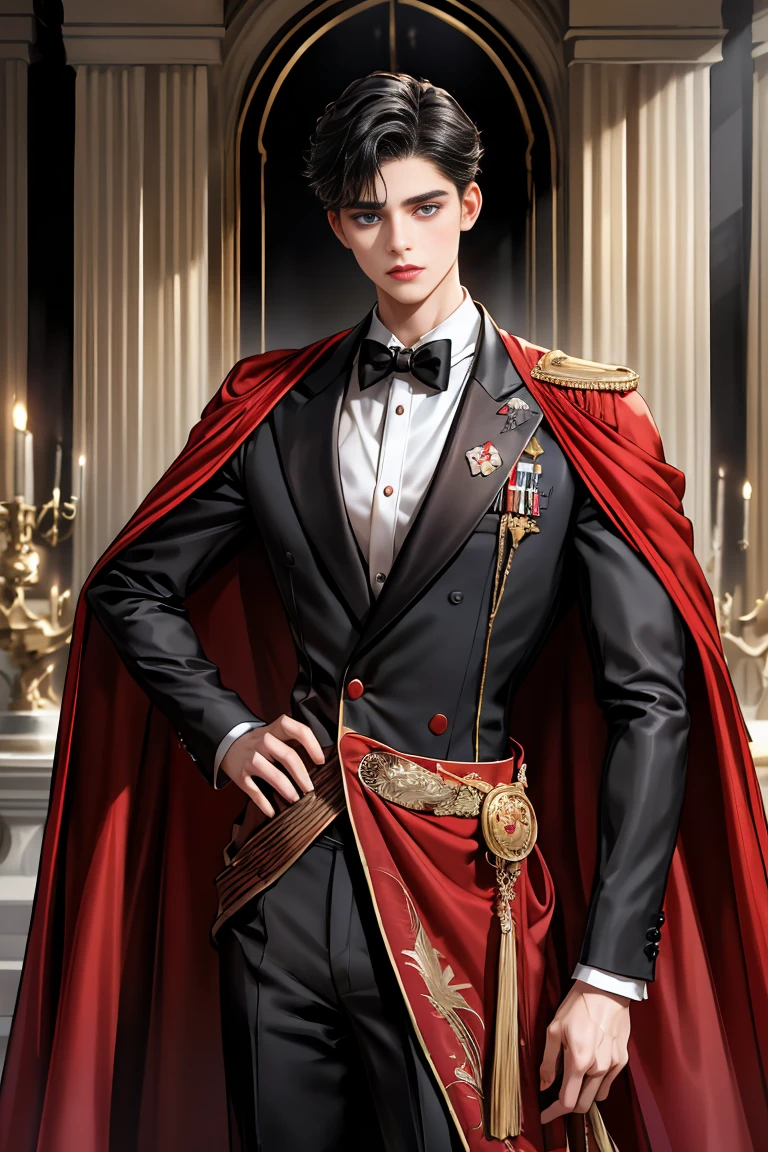 
masterpiece, 最high quality, high quality, 1 boy, alone, Male focus, Watching the audience,  Messy black hair, Adorable big blue eyes, White people, Noble, Noble,Sexy voluminous black and red cape、Tuxedo、A very voluminous, large, very large, very large, long, long red and black cape with a high stand-up collar, reaching down to the floor, made of a lot of fabric., 17 years old,Cute beautiful boys,Cute, cute, kind, handsome guy