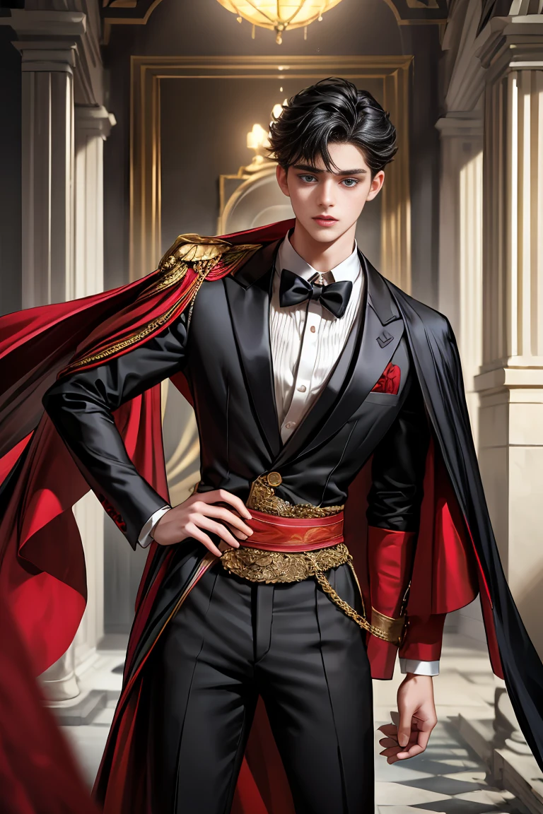 
masterpiece, 最high quality, high quality, 1 boy, alone, Male focus, Watching the audience,  Messy black hair, Adorable big blue eyes, White people, Noble, Noble,Sexy voluminous black and red cape、Tuxedo、A very voluminous, large, very large, very large, long, long red and black cape with a high stand-up collar, reaching down to the floor, made of a lot of fabric., ,Cute beautiful boys,Cute, cute, kind, handsome guy
