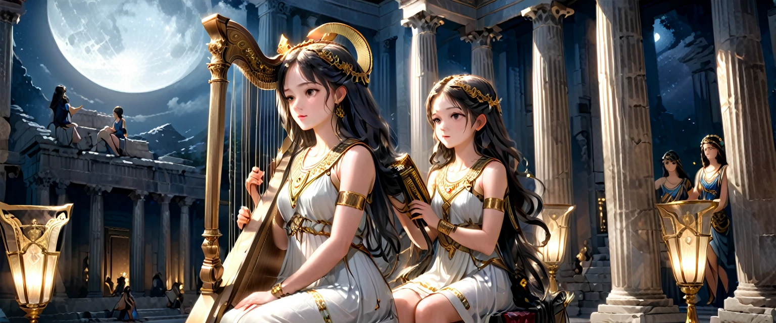 a young priestess, sitting, she places a harp larger than herself in front of him and plays it, playing a large lyre, ancient Greek temple, late at night, inside the temple it is (dark:1.3) and there is (no lighting:1.2), the moonlight shines in at an angle, shining a faint light on her., highly detailed, photorealistic, realistic lighting, intricate architecture, ornate decorations, cool color palette, golden accents, soft fabric textures, mesmerizing expression, elegant pose, cinematic composition, natural lighting, realistic shadows, mystical atmosphere, hyperrealistic, award-winning art