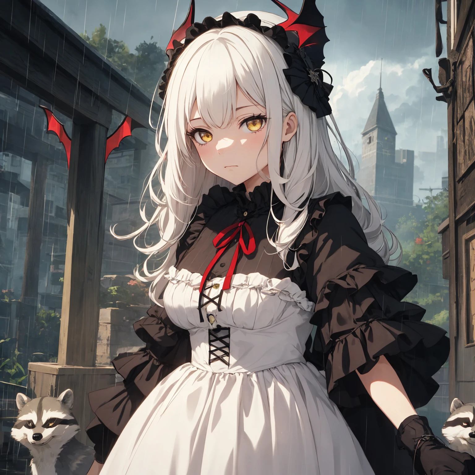 girl with, sorcerer, the witch, outdoors, raccoon city, rain, kendo gunshop, raining sky, Red and black gothic ta, Dresses with ruffles, looking at sky, sad, white hair, yellow eyes, bat wings on head,