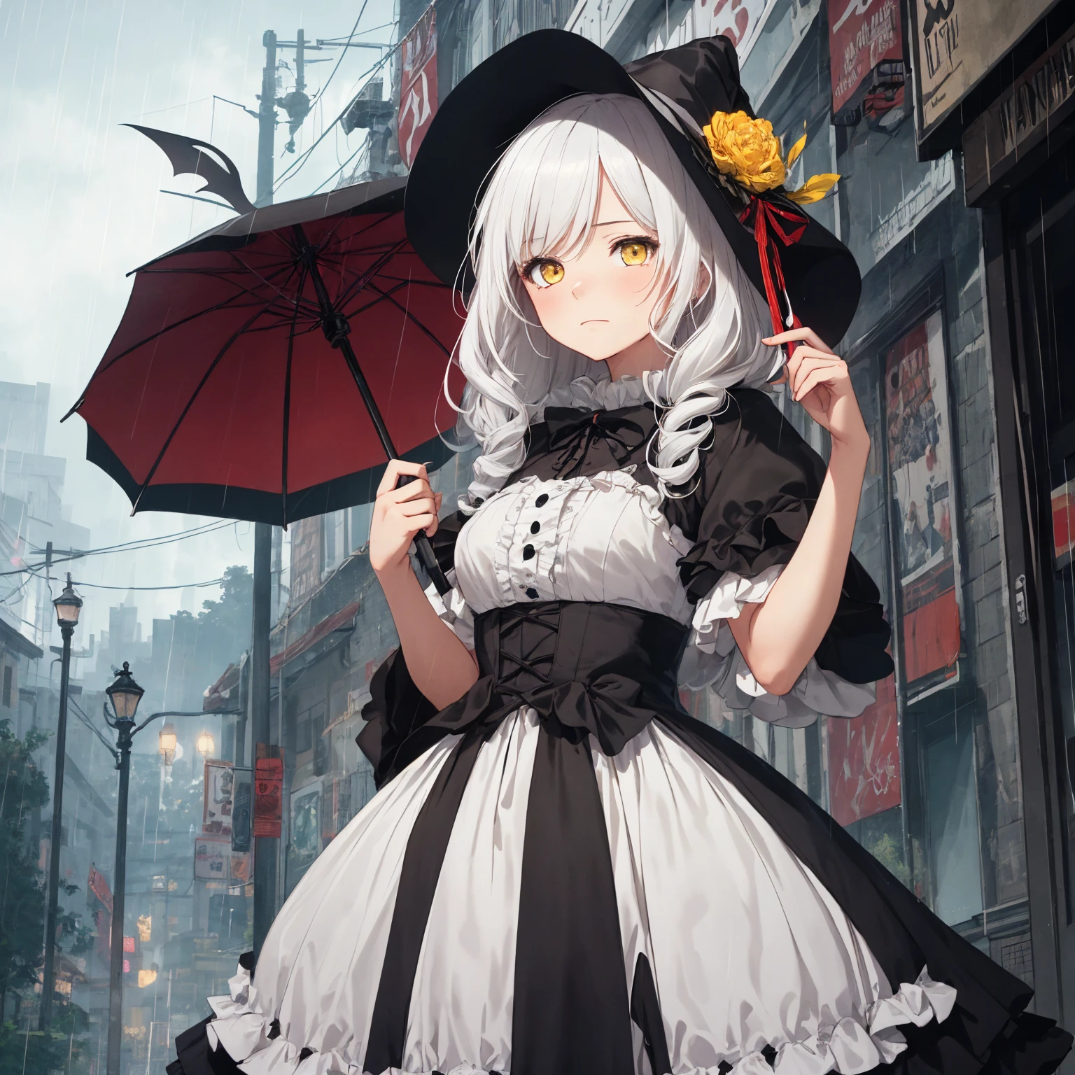 girl with, sorcerer, the witch, outdoors, raccoon city, rain, kendo gunshop, raining sky, Red and black gothic lolita, Dresses with ruffles, looking at sky, sad, white hair, yellow eyes, bat wings on head,
