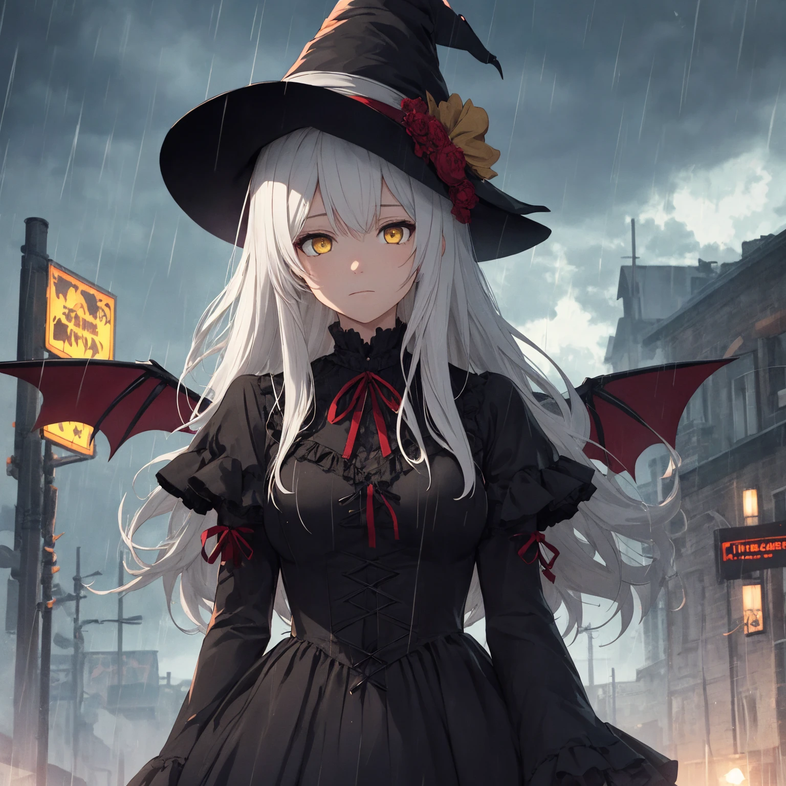 girl with, sorcerer, the witch, outdoors, raccoon city, rain, kendo gunshop, raining sky, Red and black gothic lolita, Dresses with ruffles, looking at sky, sad, white hair, yellow eyes, bat wings on head,
