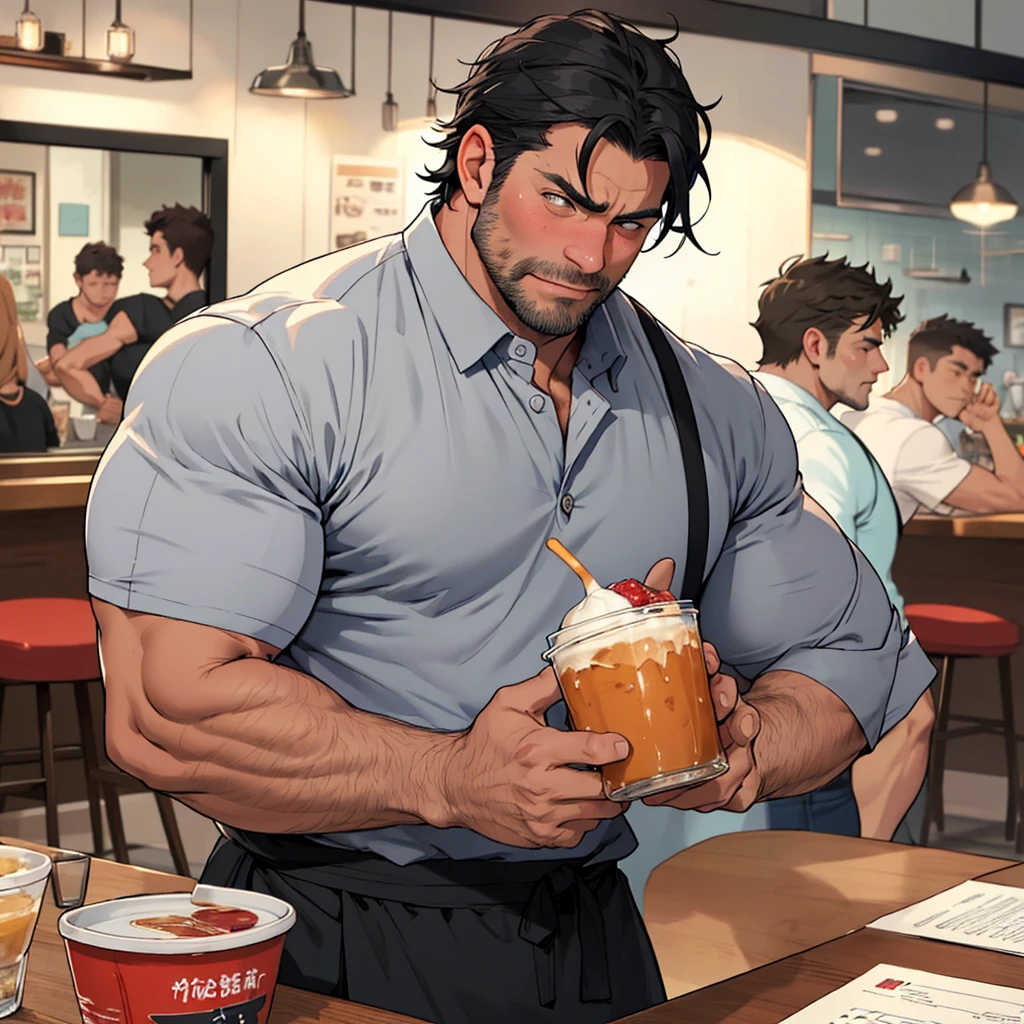 Middle aged man, manly and big, he is an omega who hasn'd found his mate yet. Now he is going to a blind date, sitting on the table waiting for meet his mate. He looks tired and a little sad. big, muscular man (muscular man). black hair small and gray eyes. dressed in a black sleeveless shirt, masterpiece), (best quality), (ultra detailed), (illustration), dilf,, blushing, soft hacial hair, nervous, restaurant